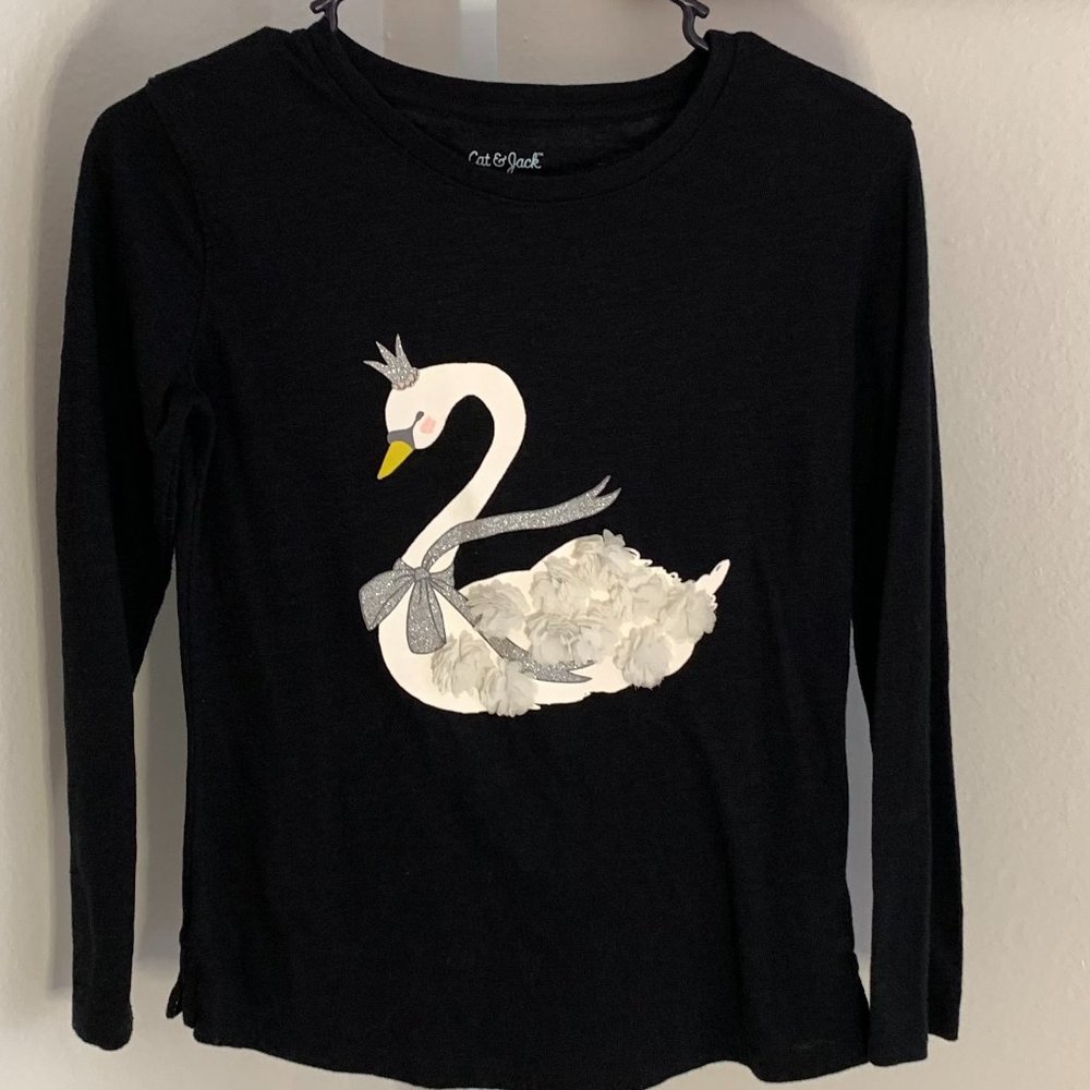 CAT & JACK Swan Long Sleeve T-Shirt, Black, Size:  L (10/12)